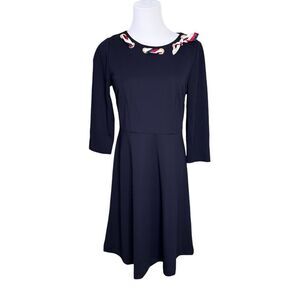 Talbots Petite Retro 50s Scarf Dress 3/4 Sleeve Navy Blue Ponte Fit &‎ Flare 4P